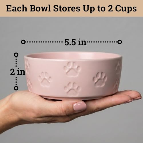 Ceramic Dog Bowl Set of 2 with Anti-Skid Base, 5.5"W x 2"H, 2 Cup Capacity | Thick Ceramic, Dishwasher Safe, Anti-Skid Rubber Base, 2 Cups per Bowl, Ceramic Food and Water Bowls Set of 2 for Small Dogs - color: Blush Pink, size: Small