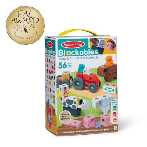 Melissa & Doug Blockables Farm Connectable Wooden Building Blocks Set | 56 Wooden Blocks & Connectors, Build Farm Vehicles and Animals, Farmer Figures, Pretend Play, Toddler Toys for Kids, Ages 2+