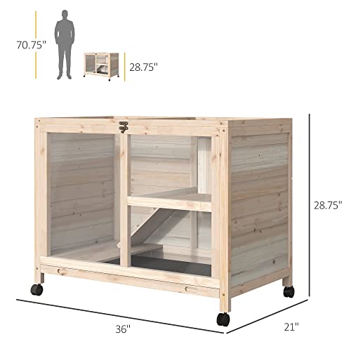PawHut Rabbit Hutch with Wheels, Desk and Side Table Sized, Wooden Rabbit Cage, Waterproof Small Bunny Cage with Removable Tray, Openable Roof, for Indoor & Outdoor, Natural | Wooden Rabbit Cage, Waterproof Small Bunny Cage, Removable Tray, Openable Roof,