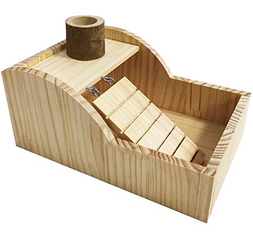 kathson Hamster Sand Bath Box Wooden Small Animals Shower Room Chinchilla Digging Sand Bathtub Container with Climbing Ladder Bowl for Dwarf Syrian Mice Mouse Gerbils Hedgehog