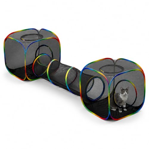 Outdoor Rainbow Cat Enclosures Playground,Outside House for Indoor Cats Include Portable Tent, 2 Way with 2 Cube Tunnel, for Kitty and Small Animals,Within Storage Bag - size: 2 Cube + 2 Way Tunnel (no tent)