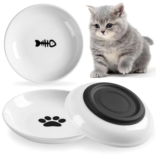 WROSWT Cat Food Bowl,Healthy Ceramic Cat Bowls for Indoor Cats,Anti Whisker Fatigue Cats Dishes Set,Shallow Wide Kitten Plates for Food and Water,Non-Slip Silicone Bottom,3 Pack - size: Shallower-3 Pack