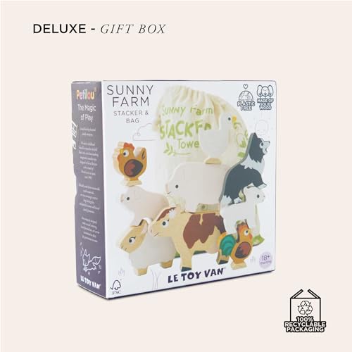 Le Toy Van Petilou Wooden Sunny Farm Stacking Animals and Bag | Farmyard Animal Building Blocks, Balancing Toy, Wooden Animal Toys for Toddlers, Suitable for 18 Months and Up
