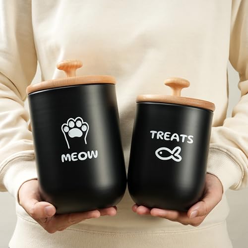 Cat Treat Container with Airtight Lid, Cat Food Oganizer Dry Food, Cat Food Storage Containers, Pet Treats Canister, Cat Treat Jar Set of 2-8.3x4.9 & 7.1x4.3 (Black) - color: Black