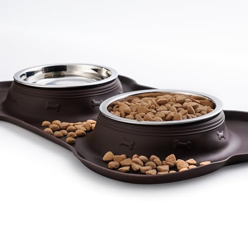 Hubulk Pet Dog Bowls 2 Stainless Steel Dog Bowl with No Spill Non-Skid Silicone Mat + Pet Food Scoop Water and Food Feeder Bowls for Feeding Small Medium Large Dogs Cats Puppies (Medium, Chocolate) - color: Chocolate, size: Medium
