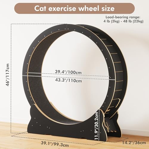 Mondeer 46'' Cat Wheel with Carpet Track and Teaser, Black | Cat Exercise Wheel, 46'' XL Treadmill with Carpeted Runway, Removable Carpet and Teaser, for Indoor Cats Running and Walking. - color: Black, size: 43.3