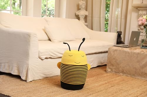 12x18 Inch Bee Basket with Lid, Handcrafted Cotton Rope Animal Storage Bin, Striped Bumble Bee Decor for Kids Bedroom Playroom, Yellow - color: Yellow Bee, size: 12"x18"
