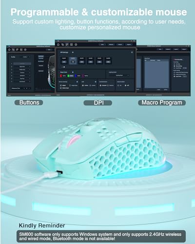 SOLAKAKA SM600 Honeycomb Shell Gaming Mouse Wireless,8000 DPI Tri-Modes BT5.1/2.4G Wireless/Type-C Wired Gamer Mouse with 2 Side Buttons, Macro Programmable and RGB Light for PC/Mac/Laptop,Green - color: green