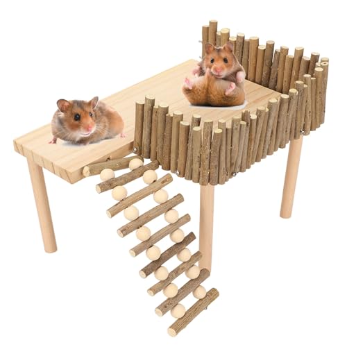 HEEPDD Wooden Hamster Platform, Climbing Toys Playground with Fence Bridge for Small Pets, Gerbil, Rat