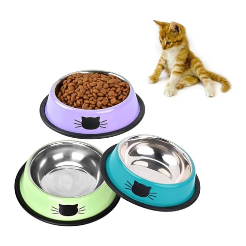 SUOXU Cat Bowls,Stainless Steel Cat Water Food Bowl,Puppy Feeding Bowl,Set of 3 Shallow Pet Bowl Rubber Base Non Slip Small Dogs Feeder Bowls - color: Blue/purple/green