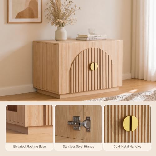 Amunrbrek Cat Litter Box Enclosure Furniture, 31.5" Arched Fluted Cabinet - color: Natural