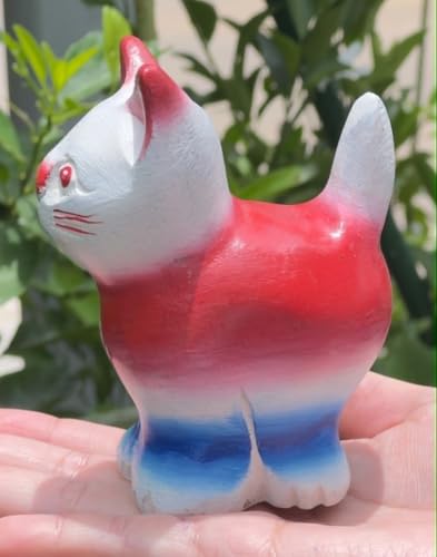 Hand Carved Wooden Cat Figurine, Handmade Cat Statue, Rustic Farmhouse Home Decor, Wooden Animal Sculpture, Unique Gift for Cat Lovers (Vingtage White/Red/Blue Cat) - color: Vingtage White/Red/Blue Cat