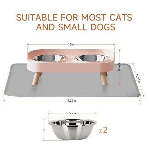 Elevated Cat Bowl with Food Mat, Raised Cat Food and Water Bowl Set for Indoor Cats, Splash Proof with 2 Stainless Steel Pet Food Bowls for Cats and Puppies,Whisker Fatigue and Dishwasher Safe (Pink) - color: Cat Bowls with mat - pink
