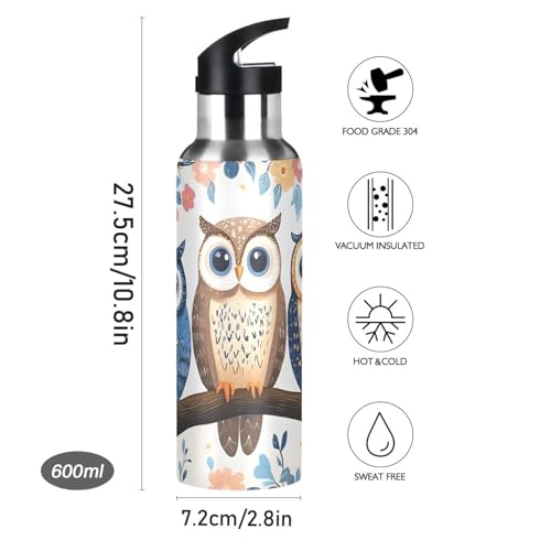 Cute Owls Water Bottle Kids Stainless Steel with Straw Lid | Leak Proof Water Bottle Boys Girls Insulated Tumbler Cup for School 20 oz - color: Multi22