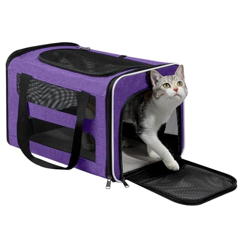 Cat Carrier Soft-Sided Travel Bag for Medium to Large Cat Over 15lbs | Small Puppy Dog Carry Crate 12 Pounds, Top Entry, Breathable Mesh, Pet Kitten Rabbit Cage Bag Transport Kennel Collapsible - color: Purple