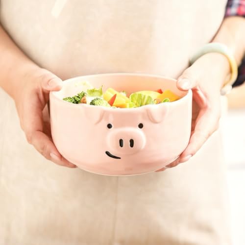 Pig Shaped Ceramic Bowl Set, Pink, 2-Piece | 40 oz Capacity, 6.4 Inch Size, Ramen, Soup, Salad, Cereal and Pasta - size: 40 oz