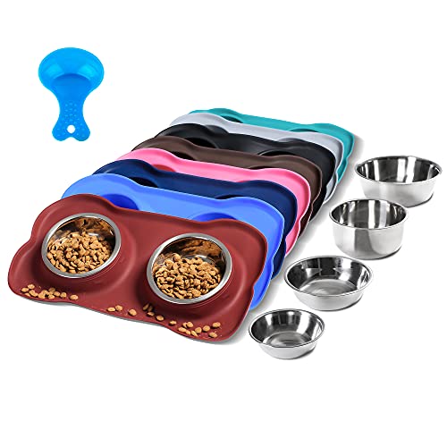 Hubulk Pet Dog Bowls 2 Stainless Steel Dog Bowl with No Spill Non-Skid Silicone Mat + Pet Food Scoop Water and Food Feeder Bowls for Feeding Small Medium Large Dogs Cats Puppies (Medium, Burgundy) - color: Burgundy, size: Medium
