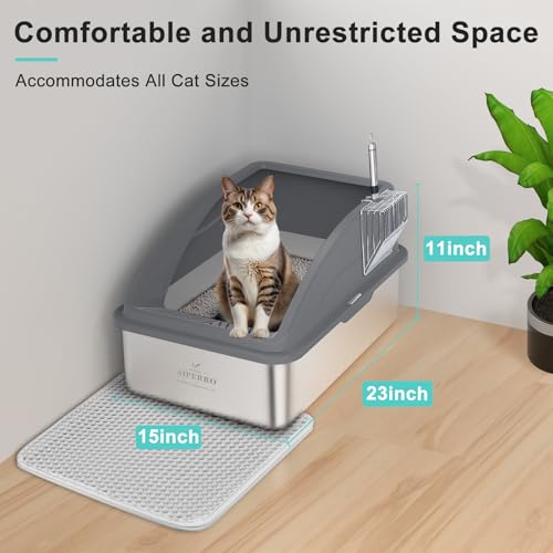 AIPERRO Stainless Steel Litter Box | XL Enclosed Cat Litter Boxs with Lid for Big Cats | High Sided, Anti-Urine Leakage | Non-Stick Bottom & Includes Litter Mat & Metal Scoop (Dark Gray) - color: Dark Grey, size: X-Large