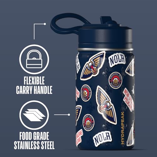 Hydrapeak NBA Officially Licensed New Orleans Pelicans Mini 14oz Kids Stainless Steel Water Bottle with Straw Lid & Flexible Handle, Double Wall Insulated, Spill Proof, Perfect for Back to School - color: New Orleans Pelicans
