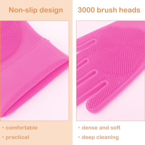 Silicone Pet Grooming Gloves Dog Washing Gloves for Bathing Massaging | 3,000 Soft Bristles, Non-slip & Extended Sleeves, Heat Resistant & Dishwasher Safe, For Cats and Dogs, Home/Car Cleaning - color: Pink