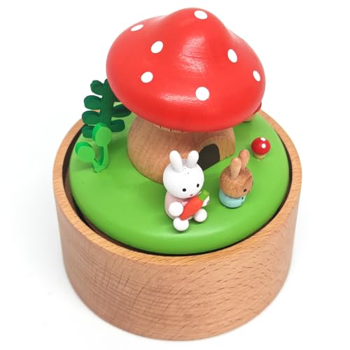 Mushroom House Mini Music Box, Palm Sized Rabbit Mushroom Wooden Mechanical Musical Box, for Mother Friend Grandmother