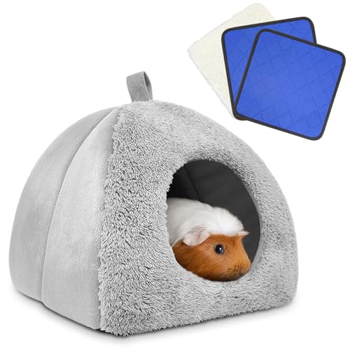 Guinea Pig Hideout Bed with 2 Absorbent Leak-Proof Bottom Pee Pad | Fleece Small Animal House, Washable Hide Hut for Dwarf Rabbit Chinchilla - color: Grey