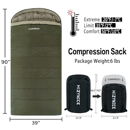 HiZYNICE Sleeping Bags for Adults XXL Cold Weather | 100% Cotton Flannel Winter Camping Large 90 x 39 in,Compression Sack Included - color: Green, size: 20F Left Zip