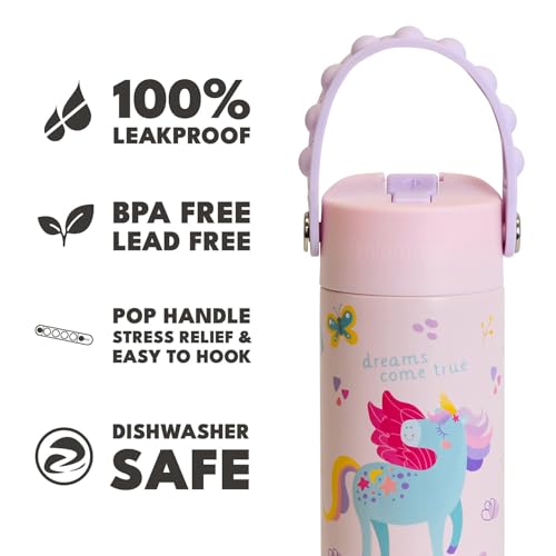 Elemental 100% Leak Proof When Spout is Closed Insulated Kids Water Bottle, Stainless Steel Bottle for School with Straw Lid & Pop-It Handle, Pink Tie Dye & Unicorn Rainbow -18oz (2 Pack) - color: Pink Tie Dye & Unicorn Rainbow