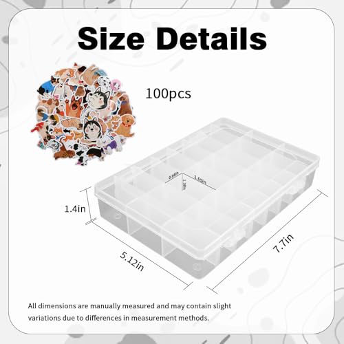 OALCQ Plastic Organizer Box with Dividers, 100 PCS Cute Dog Stickers, 24 Grid Small Parts Storage Container for Beads & Craft, Clear Tackle Case for Screws Jewelry Accessories - style: dog