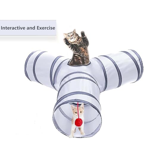 Cat Tunnel Tube Toys, 3 Ways Tunnels for Indoor Cats with Play Ball | Collapsible Pet Tube with Interactive Peephole Interactive Toy for Rabbits, Kittens, Ferrets, Puppy(White Gray) - color: 3 Way White Gray