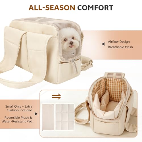 Dog Purse Carrier for Small Dogs and Cats, Soft-Sided Pet Tote Bag with 6 Large Pockets, Collapsible Travel Puppy Carrier with Small Cushion, Fits Pets up to 6 lbs (Beige, 13.6" L x 6.6" W x 10" H) - color: Beige, size: 13.6"L x 6.6"W x 10.0"H