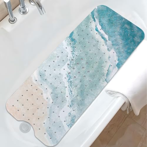 Beach Bathtub Mat Non Slip, Baby Bath Mat for Tub Rubber Tub Mat, Kids Bath Mats for Bathroom Ocean Waves Anti Slip Shower Mat with Suction and Drain Holes Machine Washable, 40″X16″ - color: C03, size: 40" x 16" (Rectangular)
