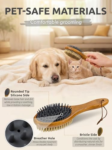 TAKAVU Short Hair Dog & Cat Deshedding Brush, Double-Sided Silicone Bristle | Grooming Brush for Pets, Gentle on Sensitive Skin, Wooden Handle, Reduces Shedding - color: White Boar Bristle & Silicone Brush