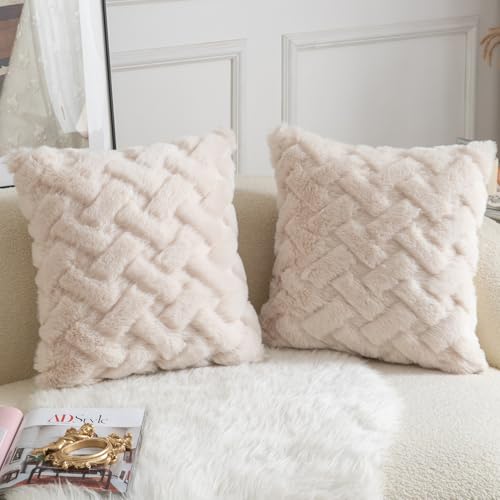 Yaertun Set of 2 Decorative Throw Pillow Covers Thick Plush Wool Throw Pillows Super Soft Luxury Faux Rabbit Fur Velvet Cushion Covers for Couch Sofa Bed Living Room 18x18 Inch Beige - color: Beige, size: 18" x 18" (Pack of 2)