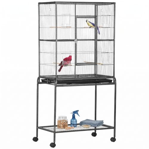 PawHut 30" Rolling Metal Bird Cage Feeder with Detachable Rolling Stand, Storage Shelf, Wood Perch & Food Container | Storage Shelf, Wood Perch, Food Container - size: 30.3"L x 18.5"W x 64.0"H
