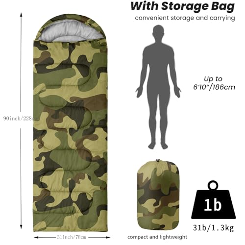 Sleeping Bags for Adults and Kids Backpacking Camping Sleeping Bags for Girls and Boys Lightweight Waterproof Cold/Warm Sleeping Bag for All Season - color: Army Green Camo