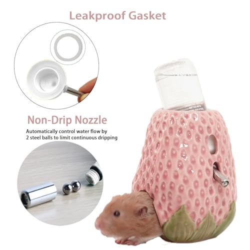 Adjustable No-Drip Pink Strawberry Ceramic Hamster Water Bottle | 80ML,2-in-1 Drinking Station and Stable Hideout for Glass Tanks with No-Drip 2 Caps,Fits Hamsters, Gerbils & Small Pets