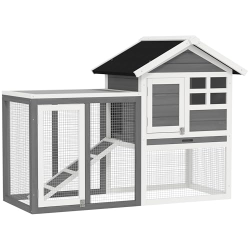 PawHut 49" Wooden Rabbit Hutch Bunny Cage with Fun Outdoor Run Gray | Waterproof Asphalt Roof, Removable Tray and Ramp, for Rabbits, Chickens, Ducks - color: Grey