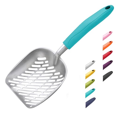 Cat Litter Scoop, Aluminum Alloy Sifter, Kitty Metal Scooper, Deep Shovel with Diagonal Sifting Hole, Long Handle, Kitten Poop Lifter for Litter Box, Medium Size, Turkish Blue Handle - color: #02 Turkish Blue, size: Medium