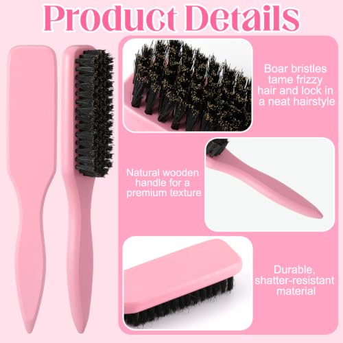 5 Pcs Pink Slick Back Hair Brush Set, Boar Bristle Hair Brush with Wide Tooth Comb, Edge Brush, Teasing Brush, Rat Tail Comb for Women Men - color: Pink