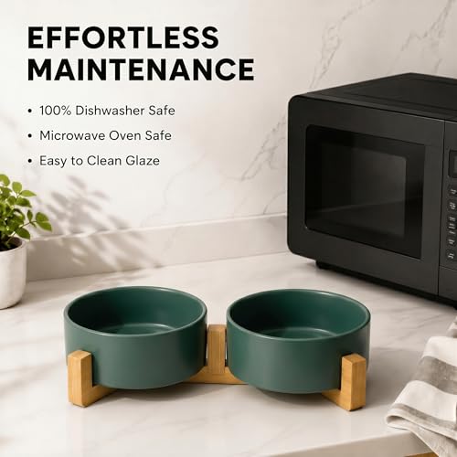 SPUNKYJUNKY Ceramic Dog and Cat Bowl with Wood Stand Non-Slip Matte Glaze Weighted Food Water Set for Cats &Small Dogs 13.5 OZ Green - color: Green × 2, size: 1.7 cups