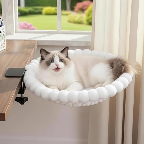 Cat Desk Bed - 2-in-1 Cat Hammock for Desk with Cooling Ice Silk & Premium Faux Rabbit Fur, 180° Foldable Space-Saving Cat Bed, Heavy Duty Anti-Tilting Clamp Holds Up to 40 lbs, Washable & Reversible