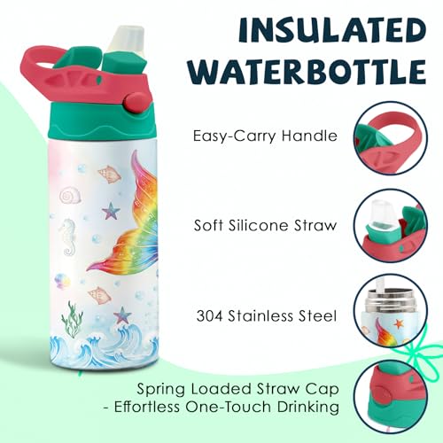 Mermaid 12 oz Water Bottle with Straw – Kids Stainless Steel Vacuum Insulated Cup, Leakproof Pop-Up Spout, Reusable Travel Mug for Boys and Girls Outdoor Sports - color: Mermaid1