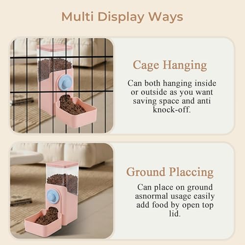 41 oz Hanging Gravity Feeder for Small Animals, Rabbits & Guinea Pigs | Adjustable Cage Height | No-Open-Cage Refill | Space-Saving | Clear Reservoir | Versatile Food Compatibility - color: Pink