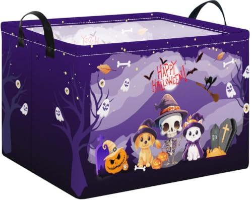 Purple Spooky Night Halloween Basket with Kitten Puppy Ghost Prints,Trick or Treat Storage basket for Gifts and Party Stuffers(Kitten Puppy Skeleton) - color: Kitten Puppy Skeleton