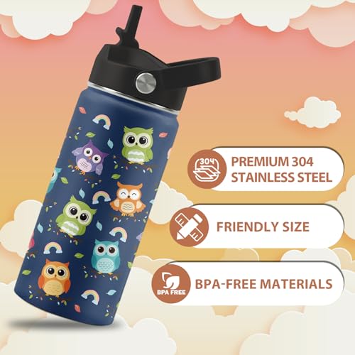Owl Gifts, 16 oz Water Bottle with Straw Lid, Owl Water Bottle | Stainless Steel Insulated Tumbler, Cute Animals Cups Gifts for Birthday Christmas - color: Owl