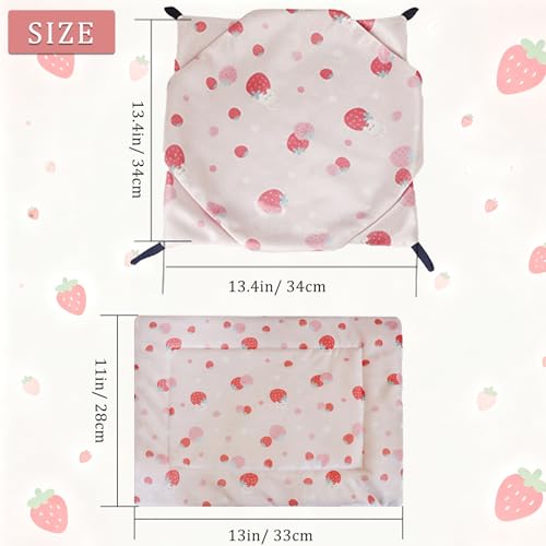SEIS 2PCS Cooling Small Pet Hammock & Mat Set, Ice Silk Summer Cage Hanging Bed for Guinea Pig Hamster Chinchilla Rabbit, Cute Strawberry Lemon Print Breathable Pet Rest Bed (Pink) - color: Pink