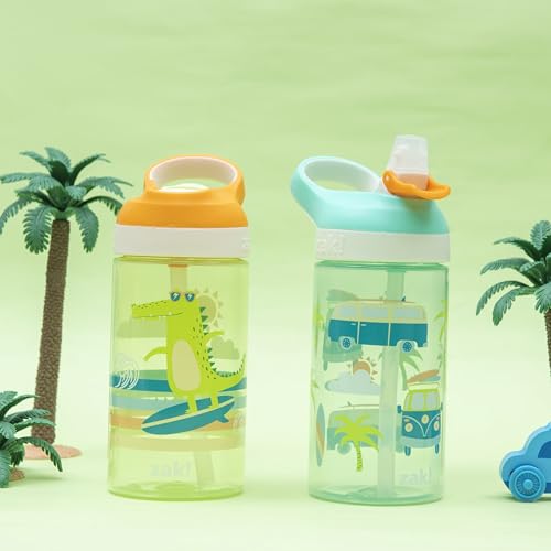 Zak Designs Atlantic Kids Water Bottle For School or Travel, 16oz Durable Plastic Water Bottle With Straw, Handle, and Leak-Proof, Pop-Up Spout Cover, 2-Pack (Surf Boards and Palm Trees) - color: Surf Boards and Palm Trees