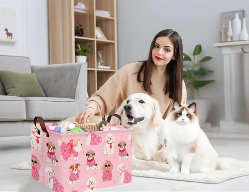 Pink Dog Toy Basket Collapsible Puppy Bin Storage Organizer Large Pet Box With Handles (Girl Dog) - color: Pink Dog