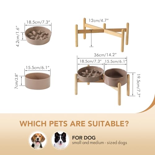 Havniva Elevated Slow Feeder Dog Bowls, Ceramic Dog Bowl Slow Feeder Set | 1.2 Cups Raised Slow Feeder Dog Bowl for Small Breed, 6.1” Dog Water Bowl with Wooden Stand, Puzzle Dog Food Bowl, Non-slip - color: Brown Coffee